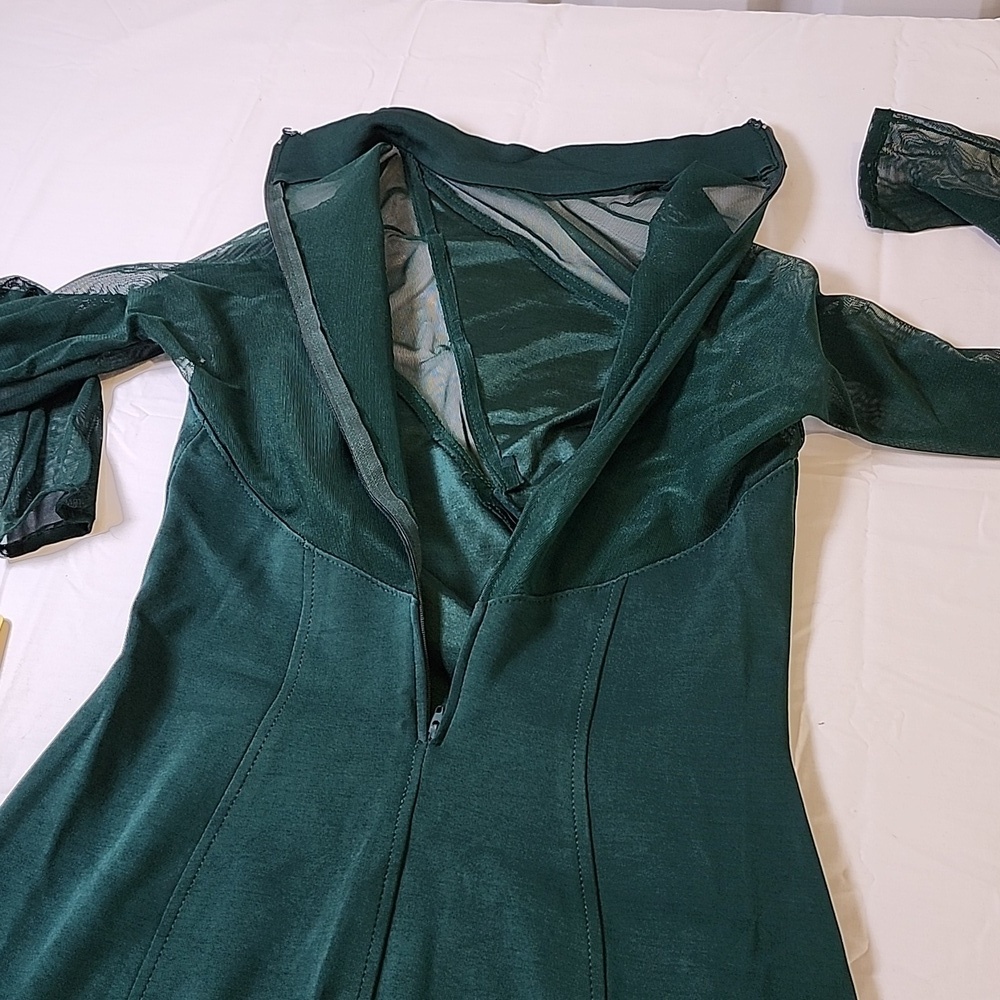 Tadashi Shoji Vintage Dark Green Mesh Insert Long Sleeve Dress Size Small - Picture 4 of 10